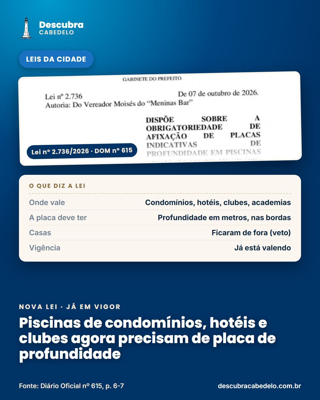 Piscinas de condomínios, hotéis e clubes de Cabedelo devem sinalizar a profundidade
