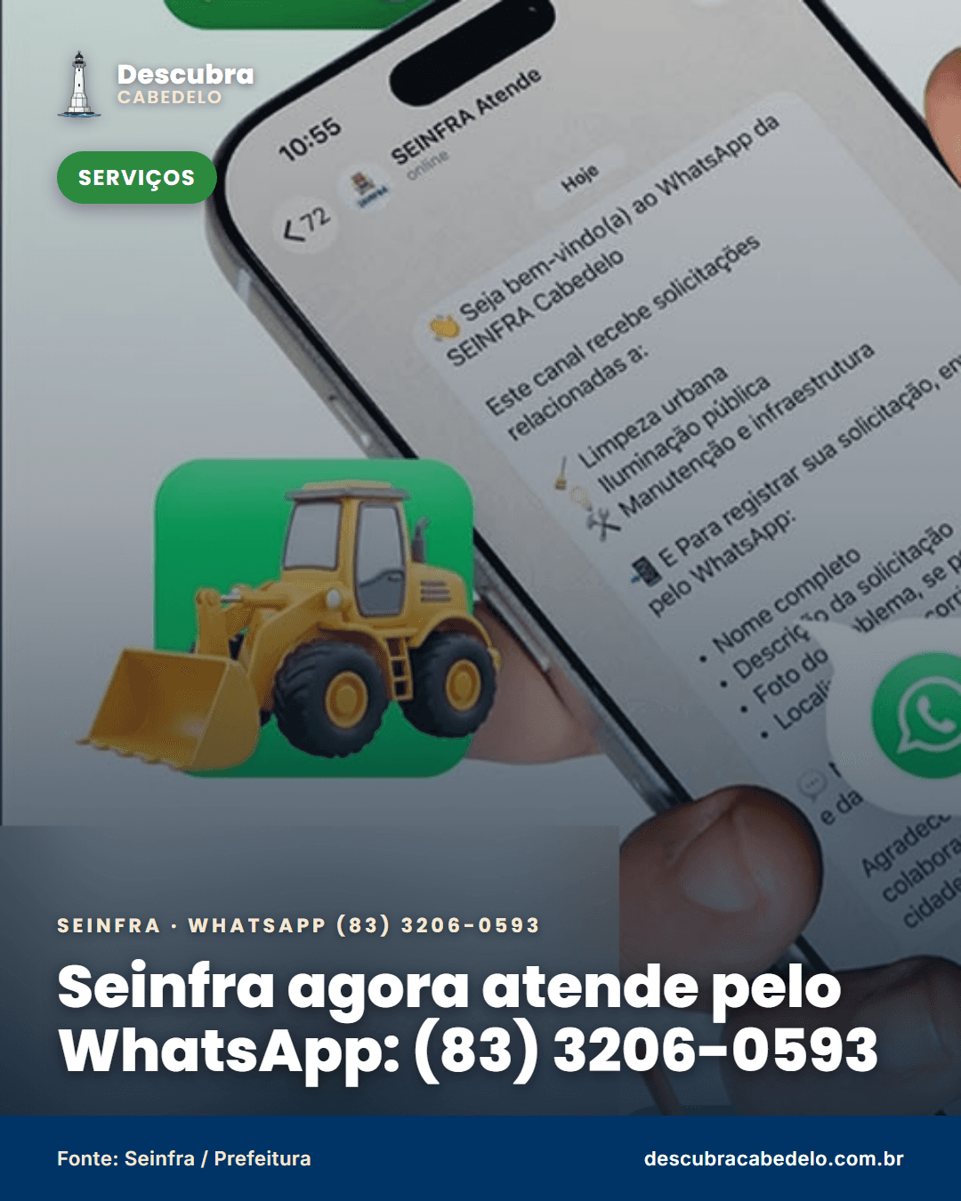 Seinfra de Cabedelo agora atende pelo WhatsApp: (83) 3206-0593 recebe pedidos de limpeza, iluminação e infraestrutura