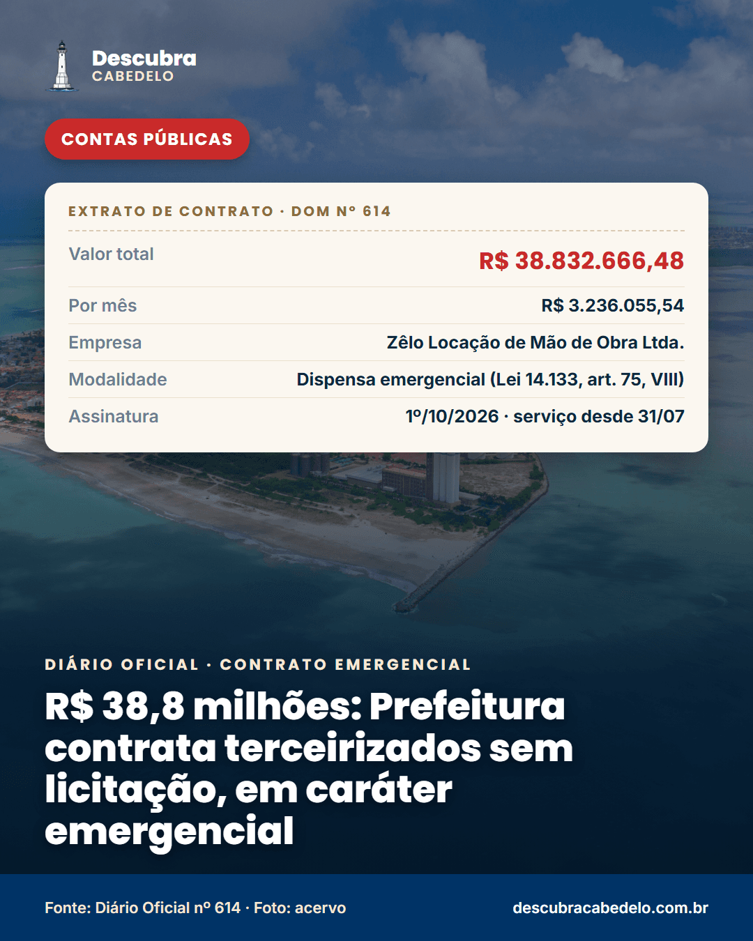 Prefeitura de Cabedelo contrata empresa sem licitação, em caráter emergencial, por R$ 38,8 milhões para mão de obra terceirizada