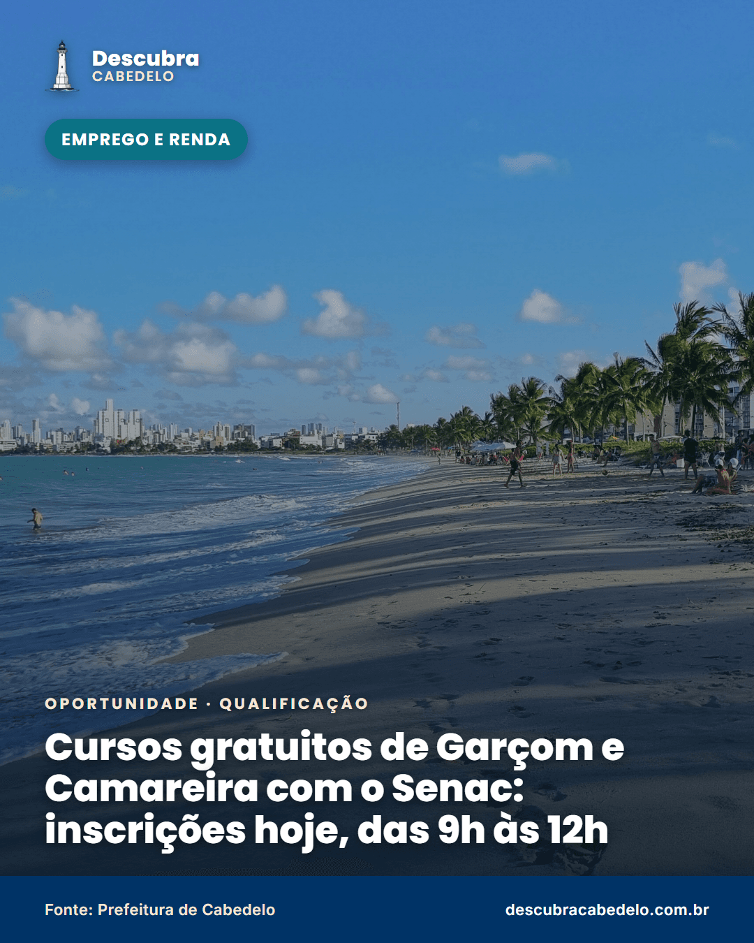 Cabedelo oferece cursos gratuitos de Garçom e Camareira com o Senac; inscrições nesta terça