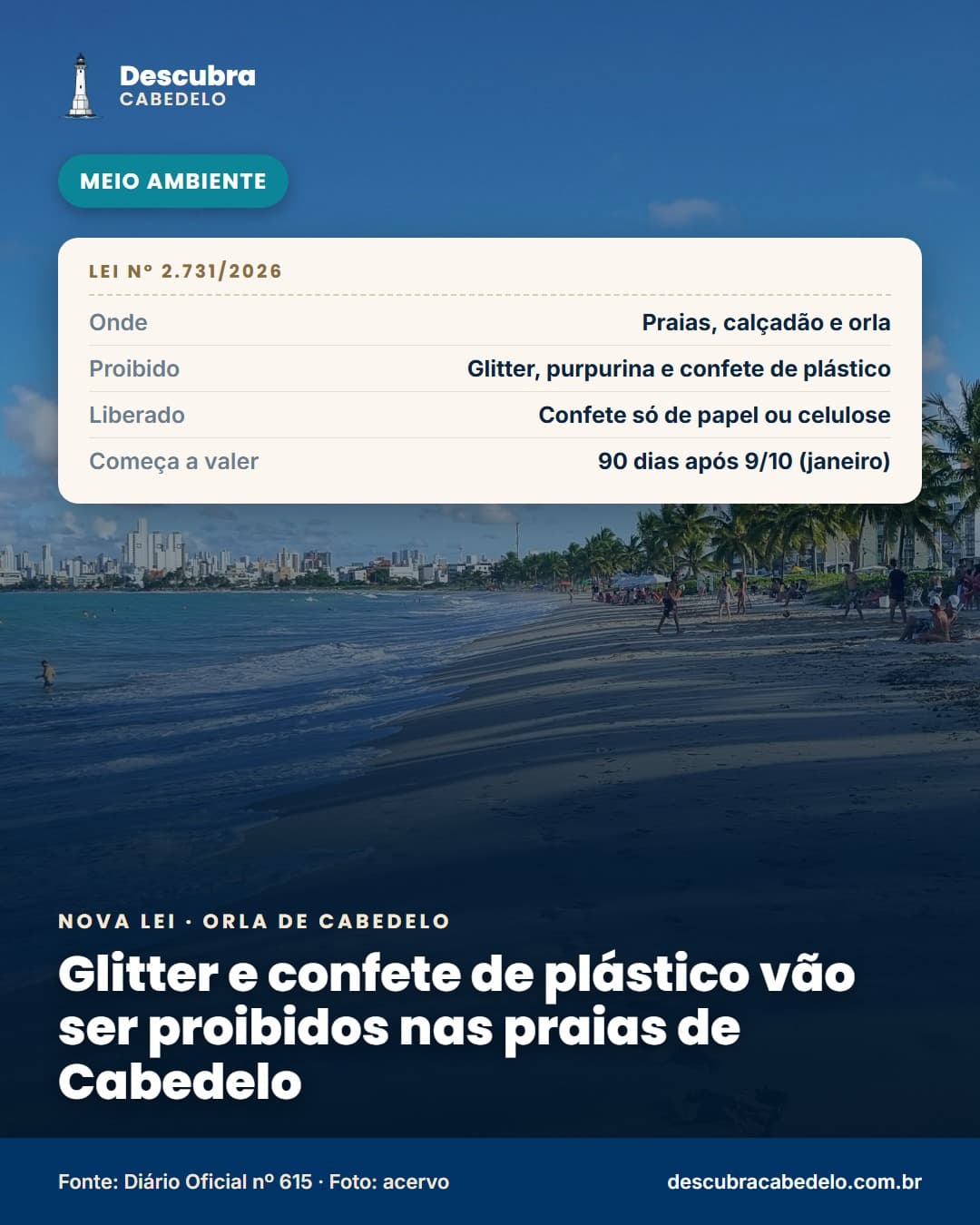 Cabedelo publica lei que proíbe glitter e confetes com microplásticos nas praias